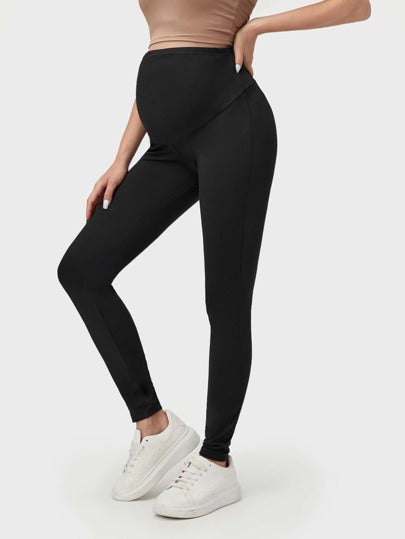 Maternity basic Wide Waistband Solid Leggings - Black