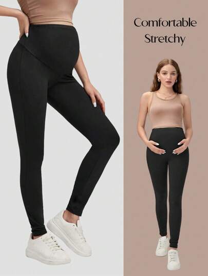 Maternity basic Wide Waistband Solid Leggings - Black