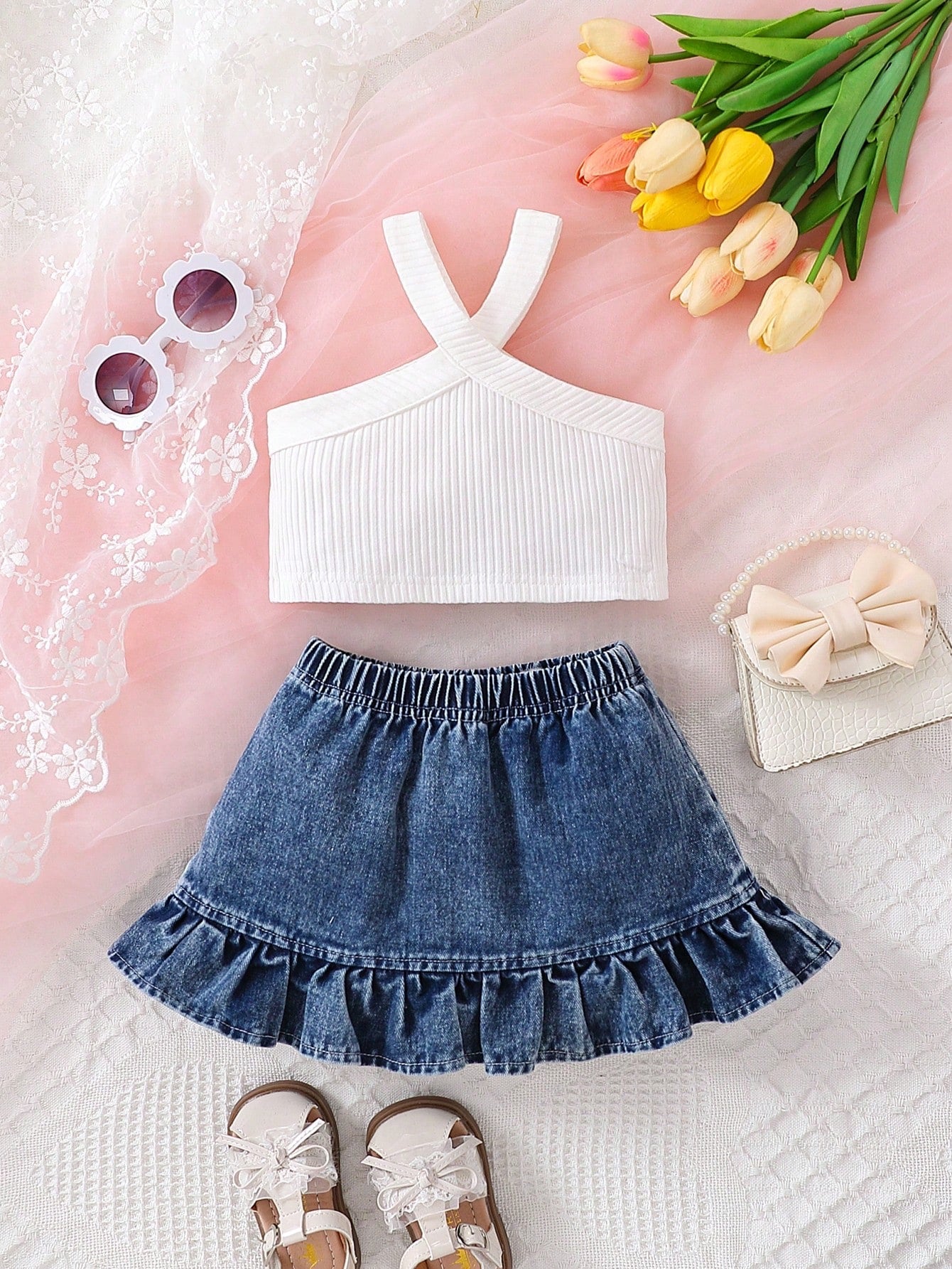 Baby Girls Ribbed Cami Top + Denim Skirt Set | 6M - 3Y