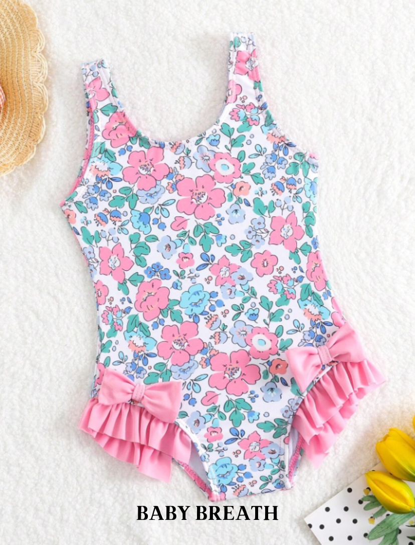 Floral Pink One piece Swimsuit with Bows | 6M-3Y