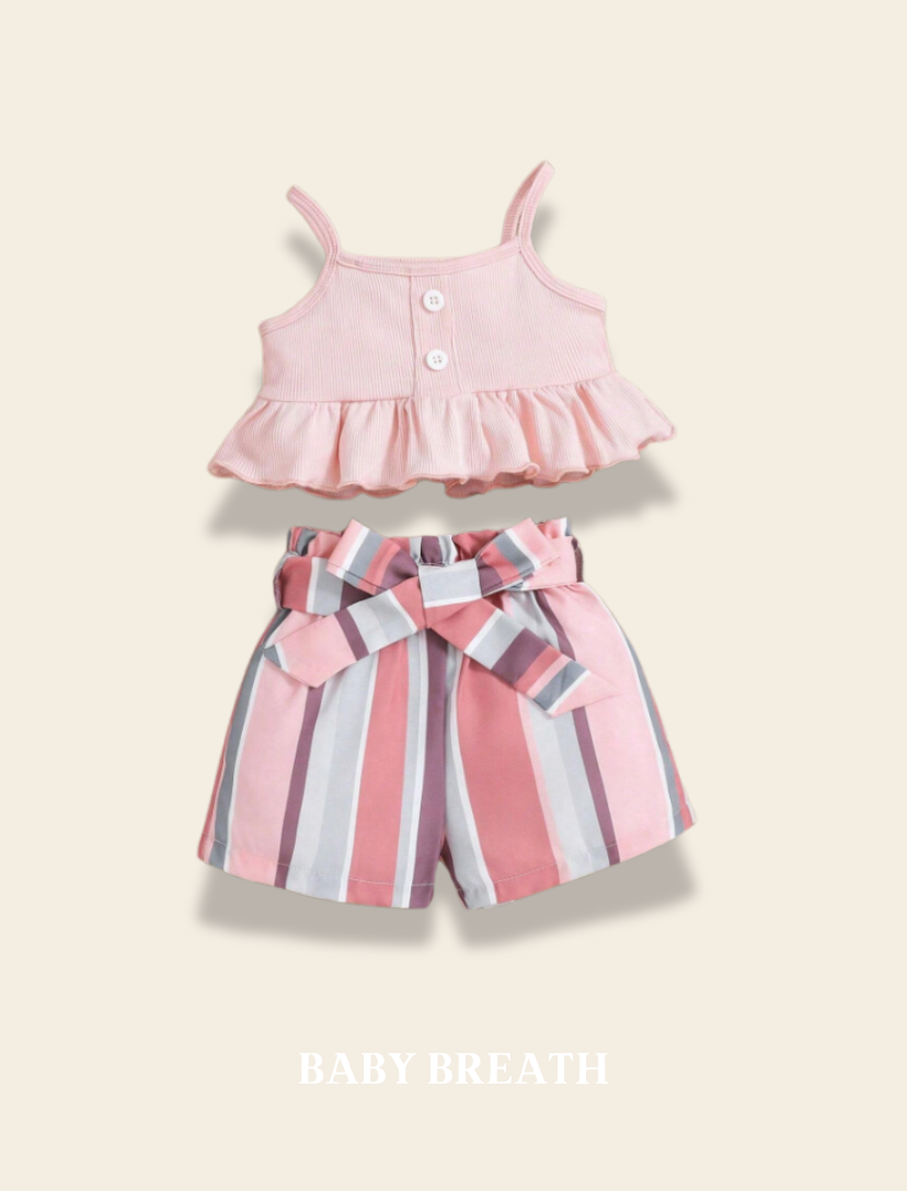 Girls Pink Sleeveless Tank Top And Striped Shorts |6M-3Y