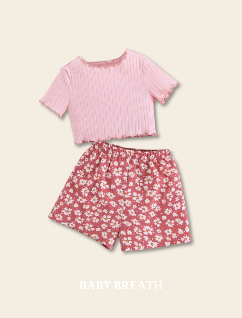 Casual Baby Pink Top & Floral Red Short Set | 6M-3Y