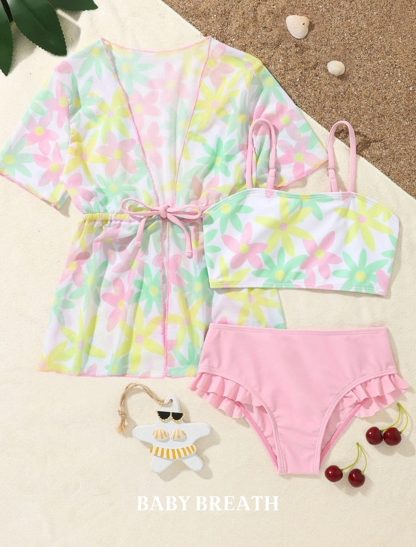 Floral Bikini Set With Kimono Summer Beach Matching Set | 6M-3Y