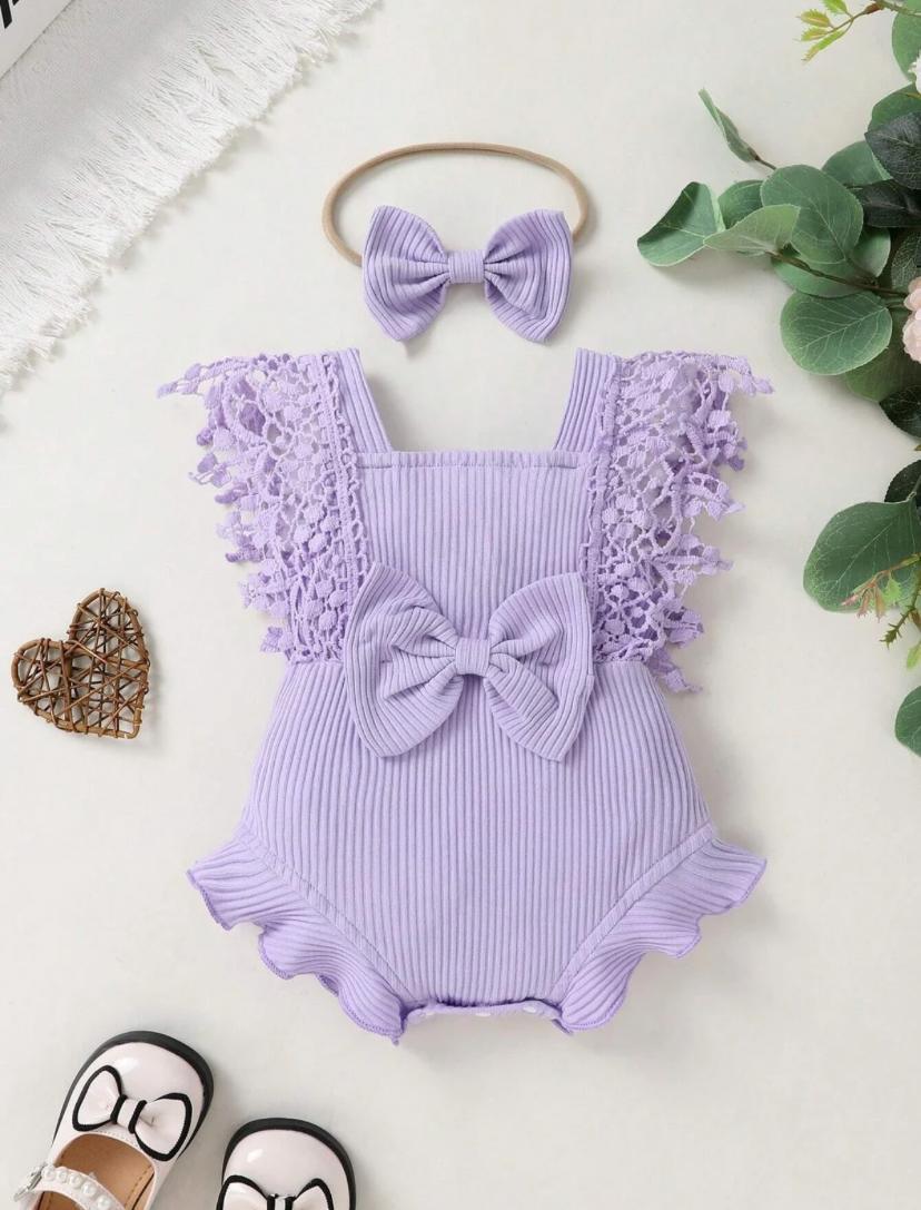 New Born Solid Color Bodysuit With Water-Soluble Lace And Headband