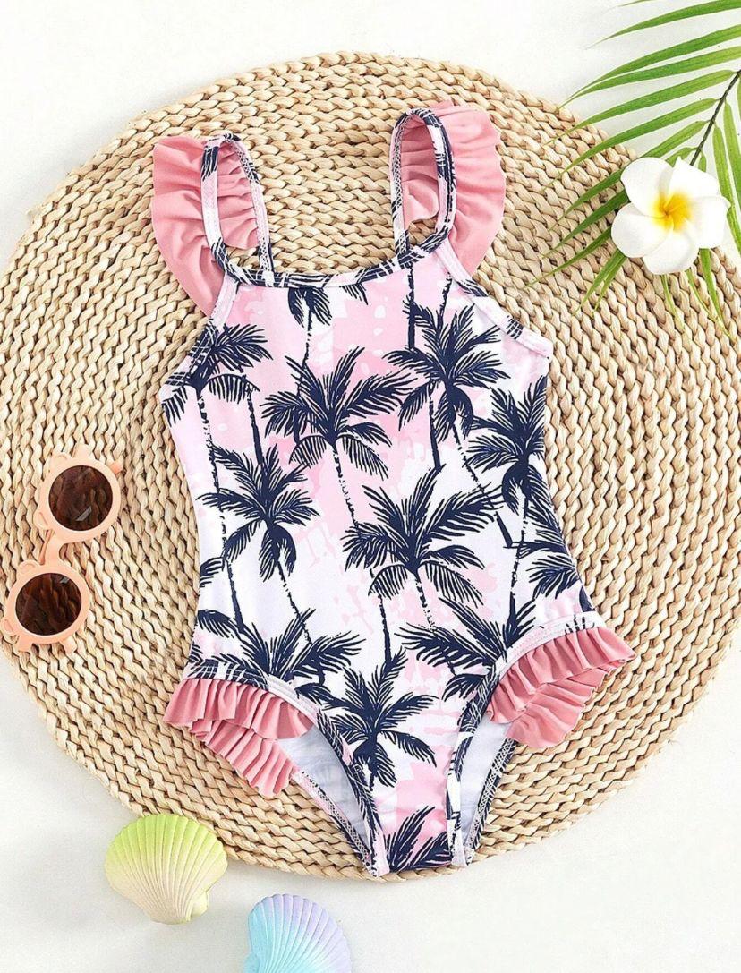 Young Girls Tropical Print Ruffle Trim One Piece Swimsuit