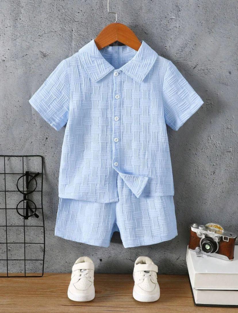 Young Boys Solid Textured Collared Shirt With Shorts Set