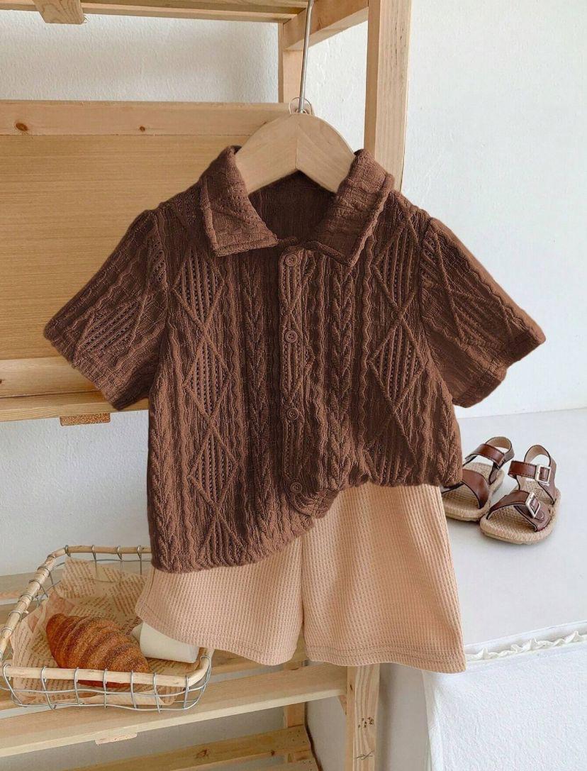 Baby Boys Brown Lace Up Shirt & Light Brown Short Set | 6M-3Y