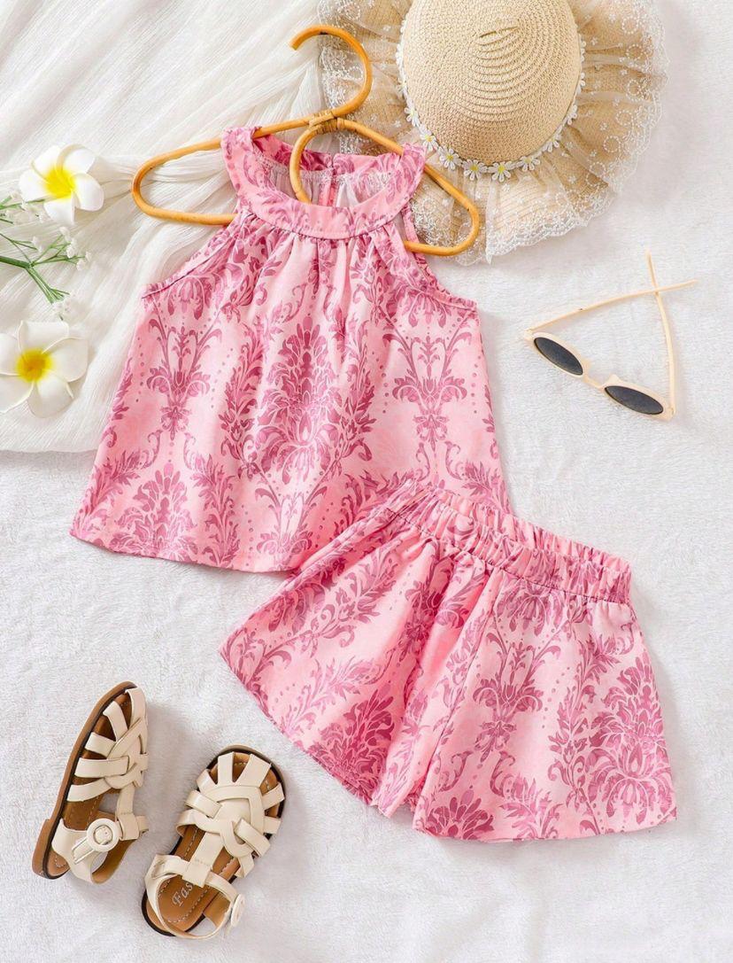 Young Girls Casual Vintage Breathable Loose Sleeveless Top & Short Set