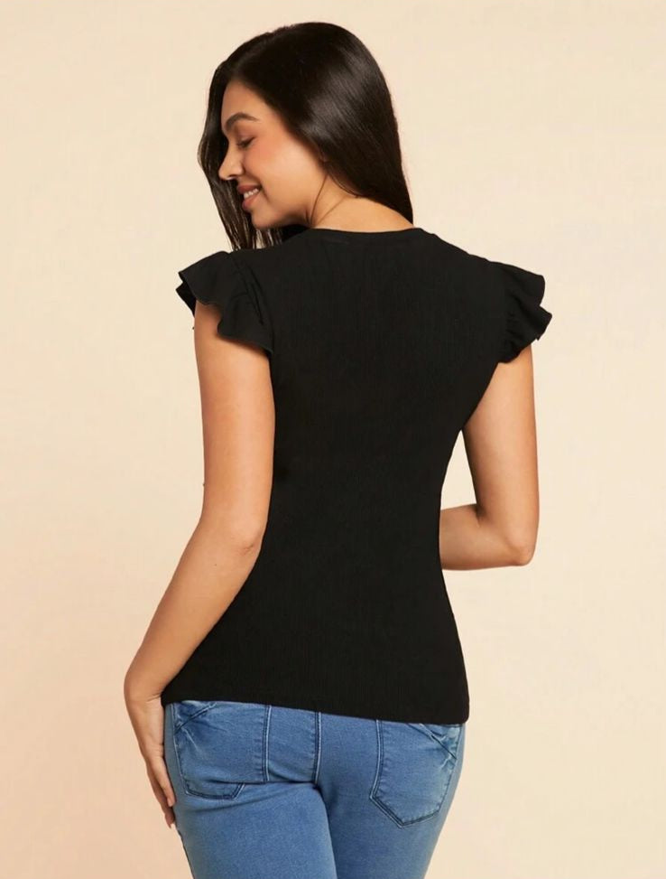Round Neck Ruffle Trim Sleeves nursing T-Shirt