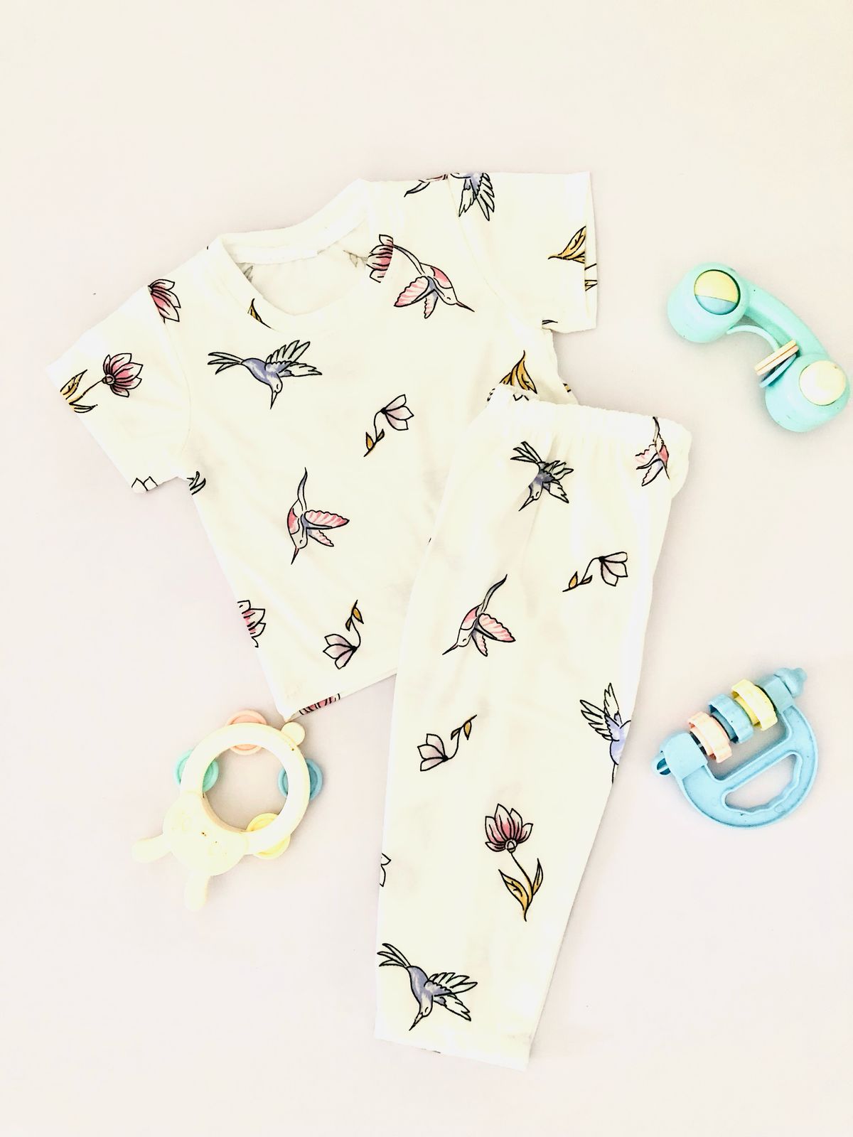 Bird Printed White Color Short Sleeve PJ