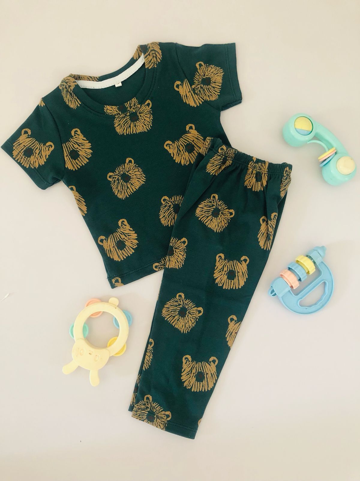 Bear Face Printed Dark Green Short Sleeve PJ Set