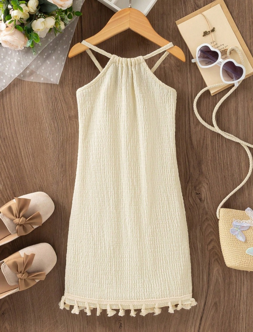Young Girls Neck Strap Casual Basic Tassel Swing Dress 4Y 7Y Baby Breath