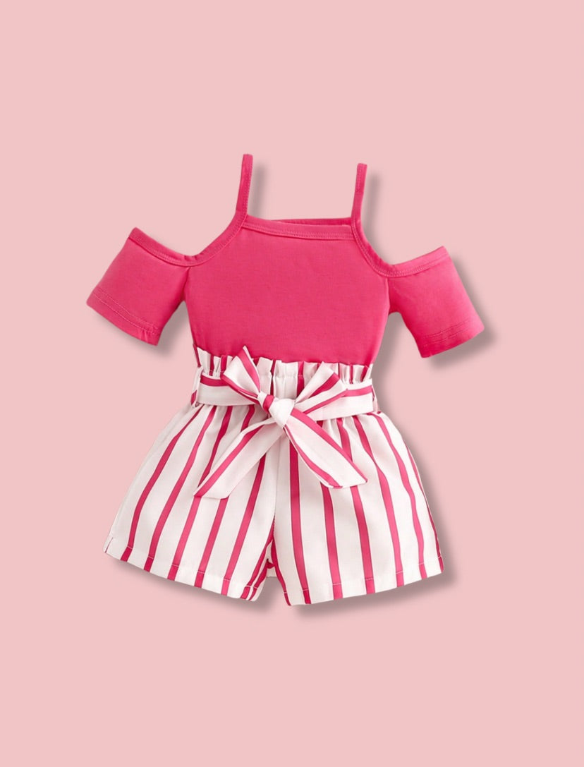 Young Girls Pink Top & Striped Paper Bag Waist Belted Shorts