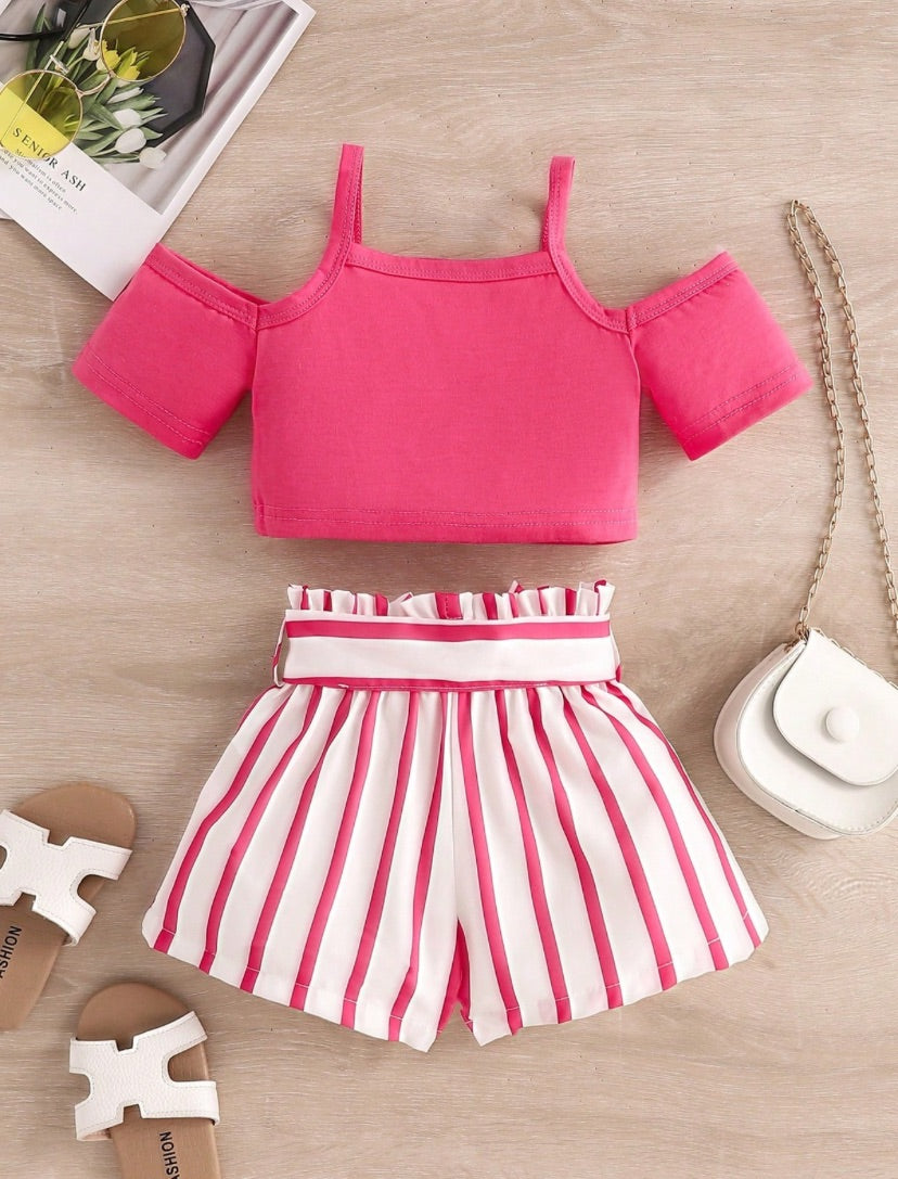 Young Girls Pink Top & Striped Paper Bag Waist Belted Shorts