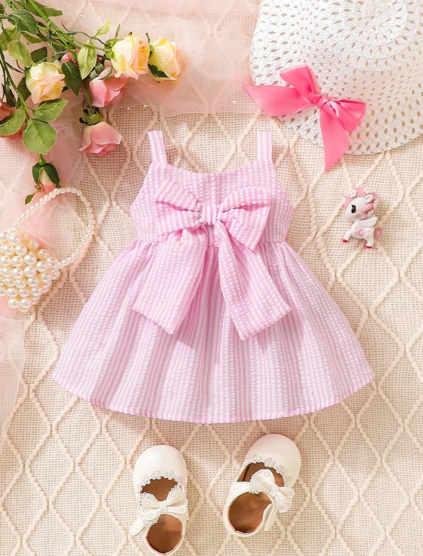 New Born Casual Cotton Bowknot Striped Pink Dress