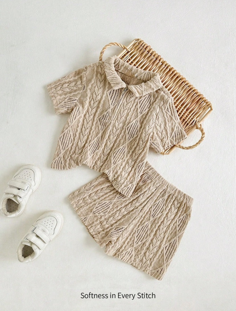Baby Boys Khaki Knitted Soft Collared Short Sleeve Top & Casual Shorts Set | 6M-3Y