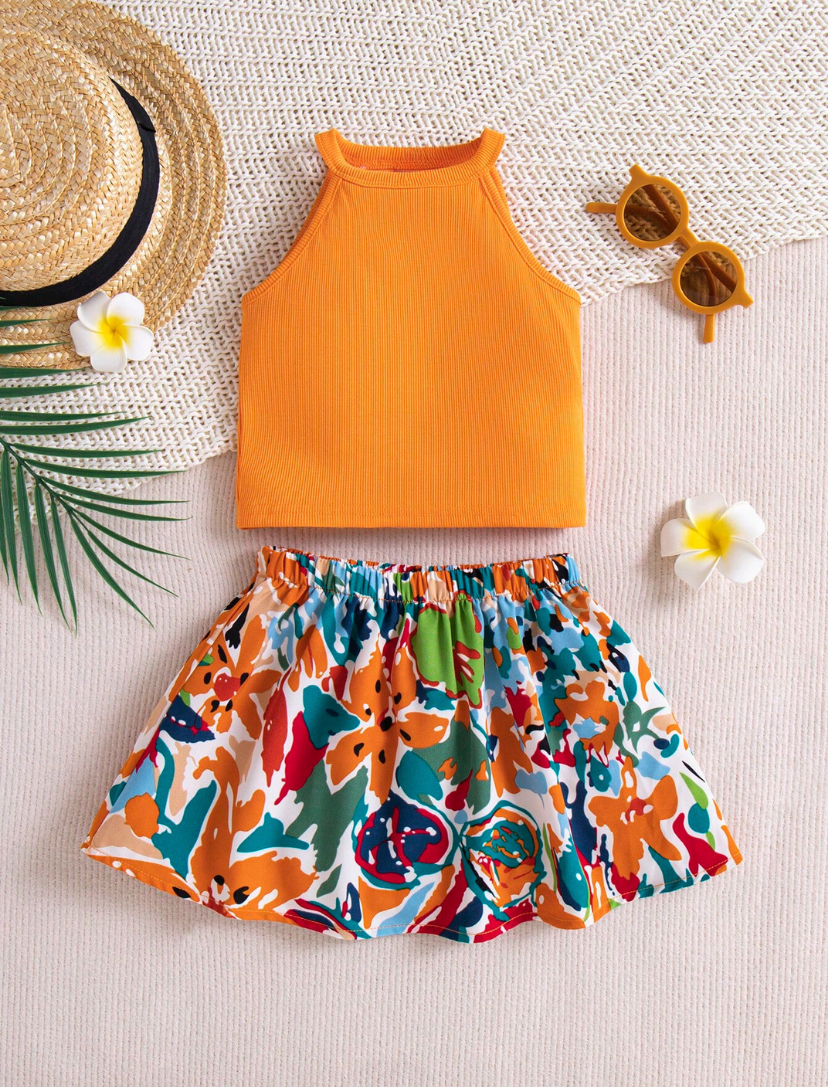 Orange Color Top with Floral Skirt | 6M-3Y