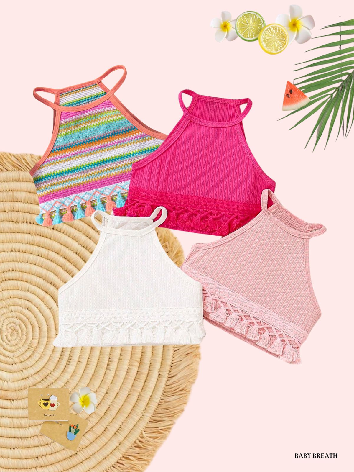 Young Girls Ribbed & Tassel Hem Halter Summer Vacation Tops