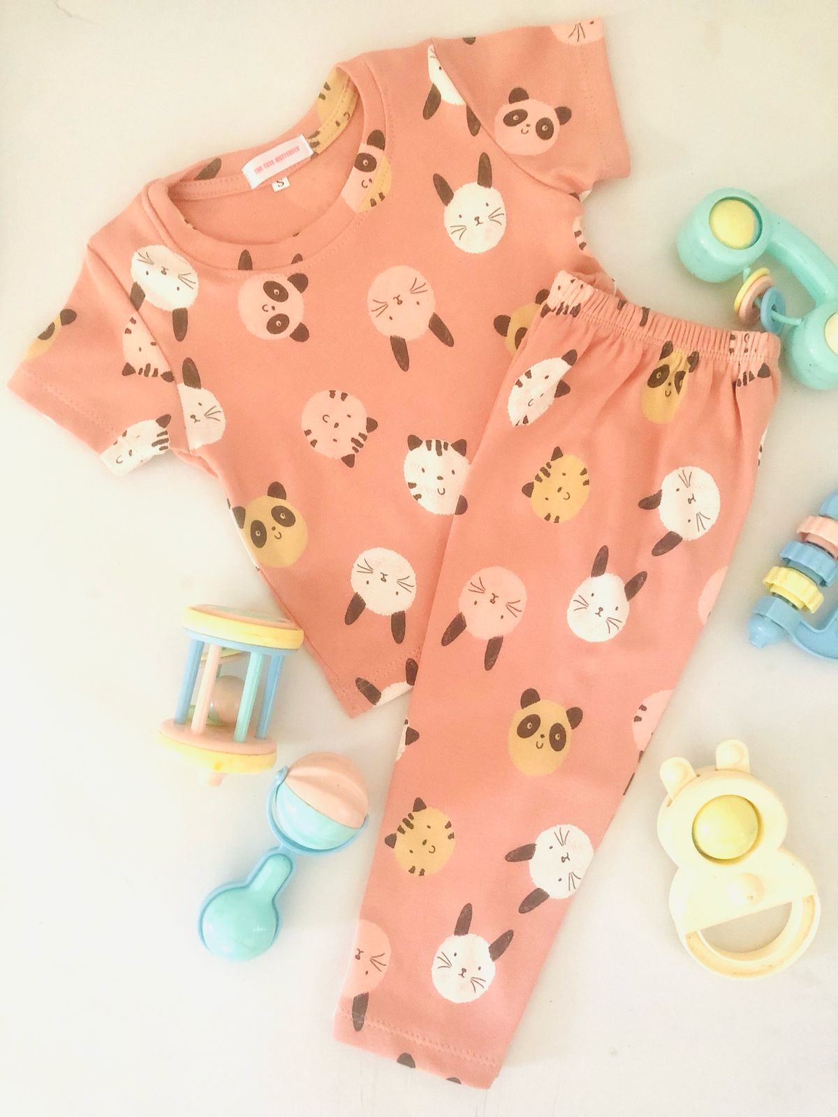 Animal Faces Printed Pink Color Short Sleeve PJ Set