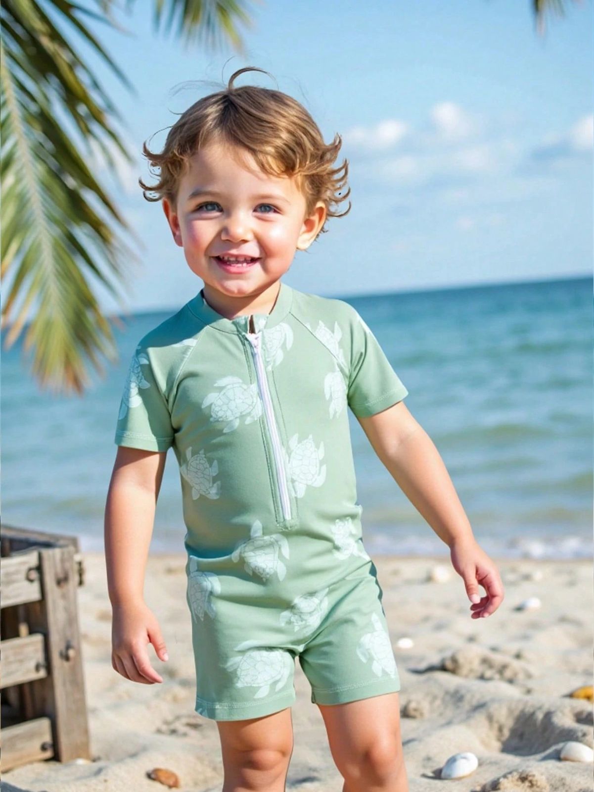 Baby Boys Light Green Sea Turtle Printed Swimsuit