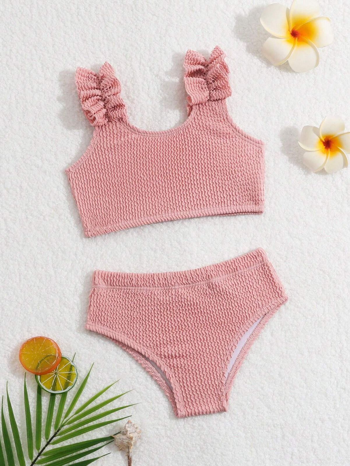 Baby Girls Ribbed Fabric Swimsuit With Flouncing Edges Bikini Set | 6M - 3Y