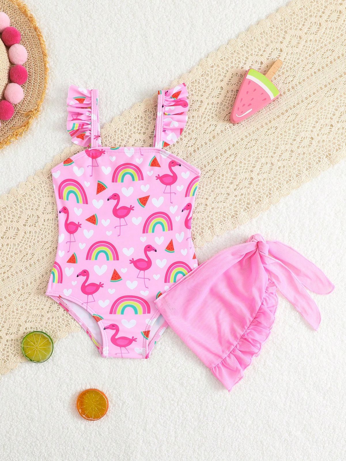 Baby Girls Pink Flamingo & Rainbow Printed Swimsuit With Beach Skirt | 6M-3Y