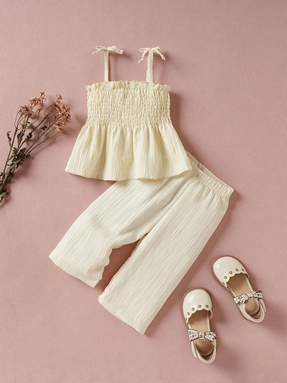 Baby Girls Tie Knot Sling Solid Color Top & Wide Leg Pants Set