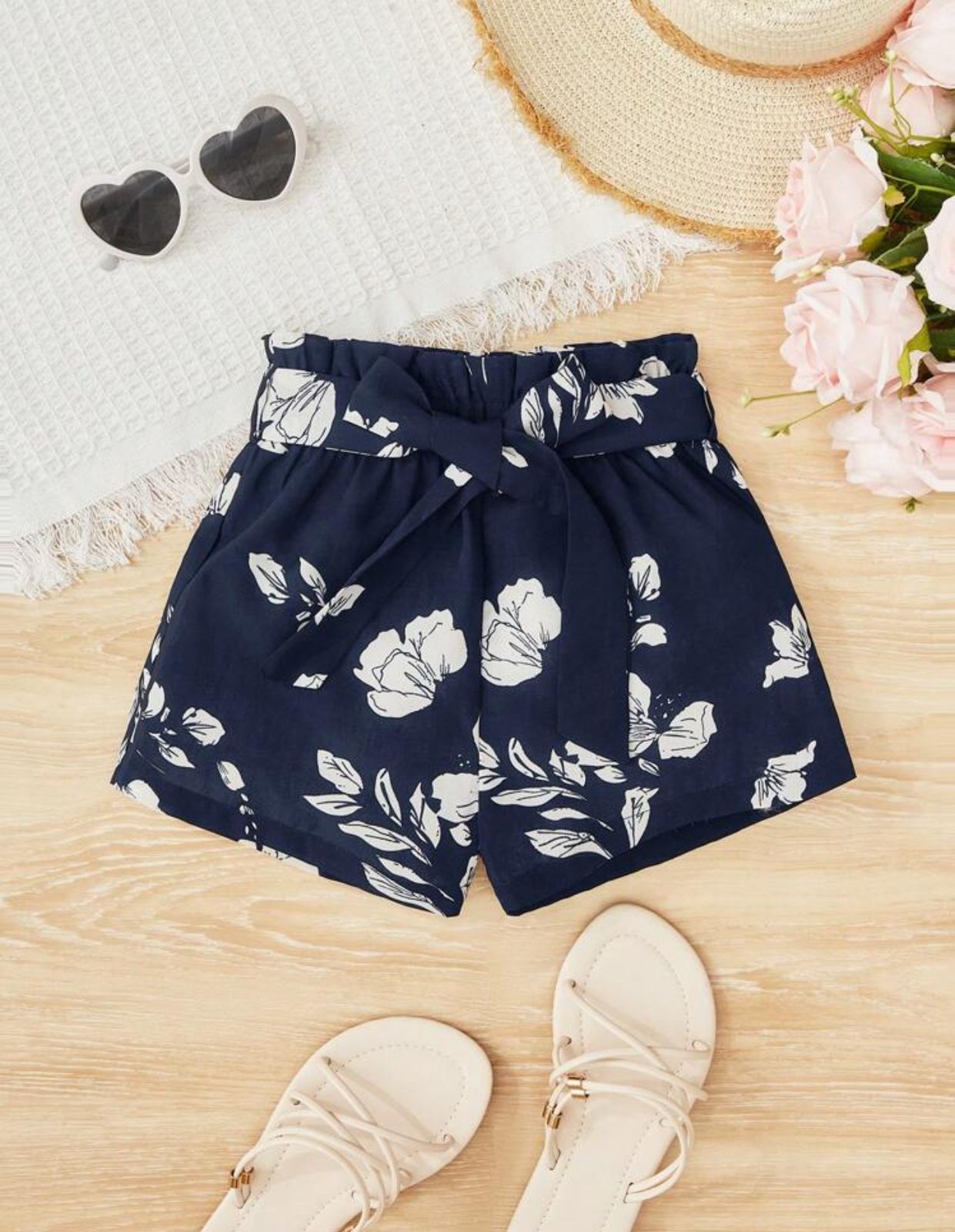 Young Girls Floral Print Paperbag Waist Belted Shorts