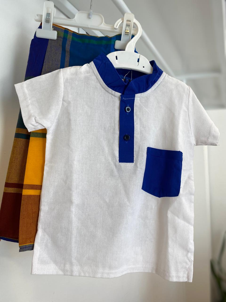 White Blue Checked Sarong & Shirt Set | 2-3Y