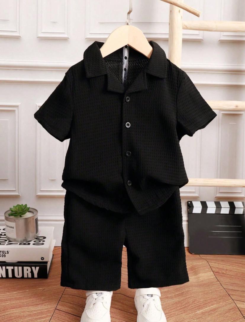 Young Boys Flat Collar Front Button Short Sleeve Shirt And Shorts Set