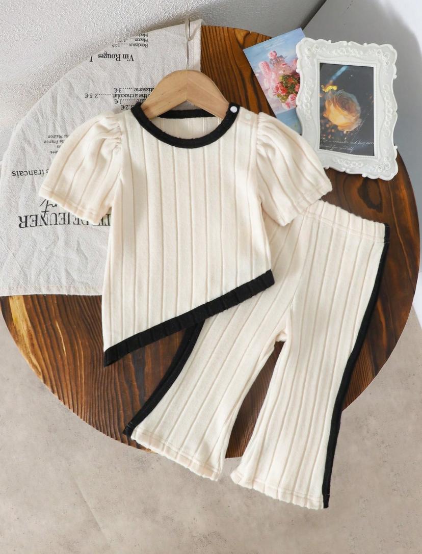 Baby Girls Ribbed Splice Color Block Open Shoulder Short Sleeve Top & Elastic Waist Flared Pants Set