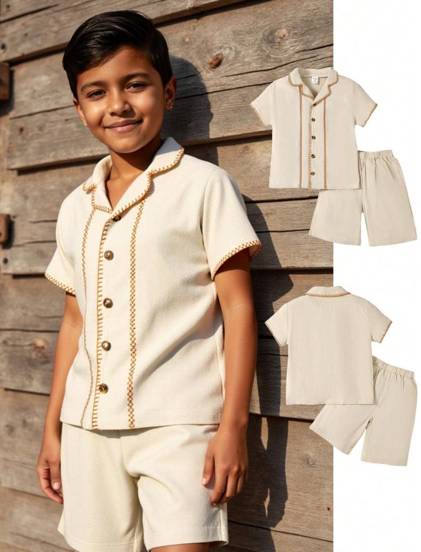 Young Boys Casual Solid Color Washed Cotton Short Sleeve Top & Shorts Set