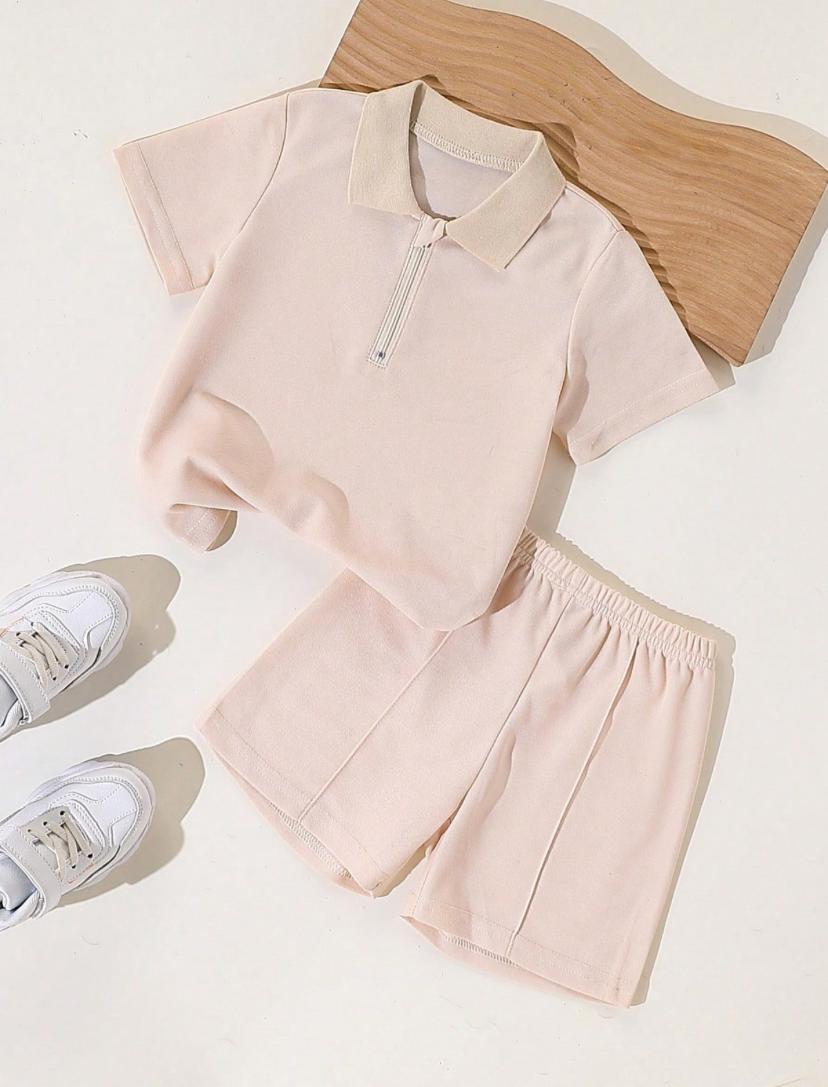 Young Boys Casual Half Zip Polo Collar Short Sleeve Sweater Top And Solid Color Knitted Shorts Set