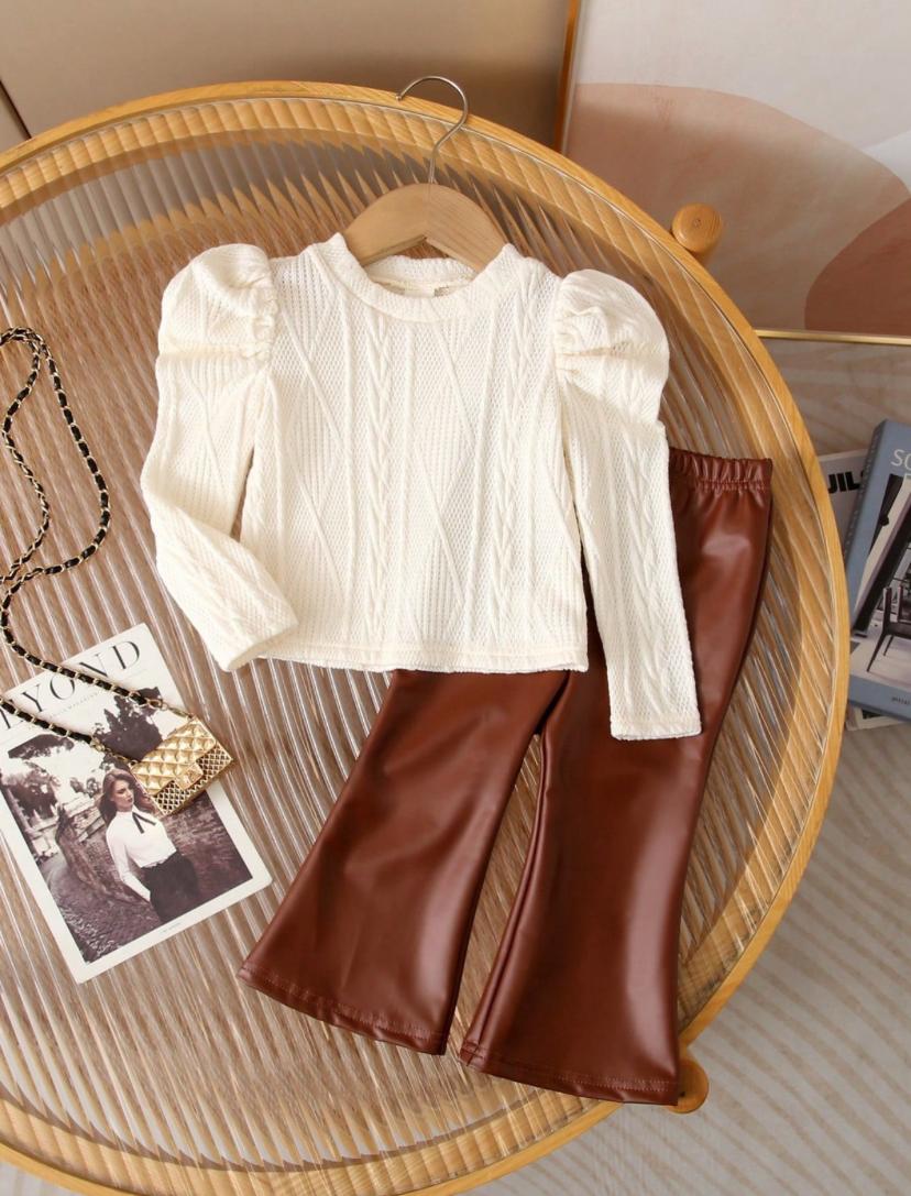 Baby Girls Casual Apricot Knit Long Sleeve Top & Beige Flared Pants Set