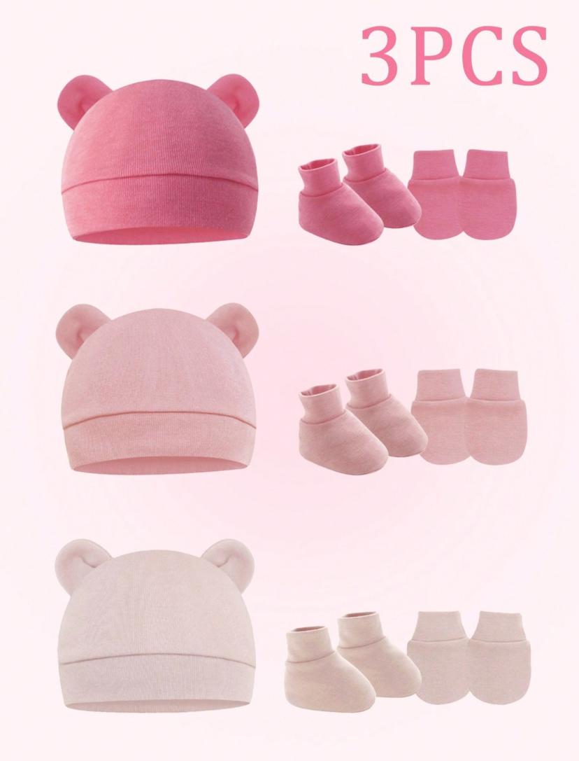 3pcs/Set New Born Baby Bear Soft Beanie Hat, Mittens & Booties Set | 0-6M