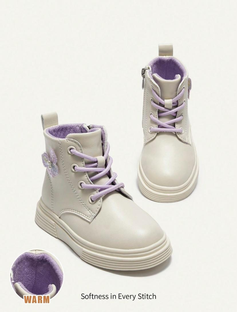 Warm Thermal Lined Fashion Casual Purple Butterfly Princess Flat Ankle Boots