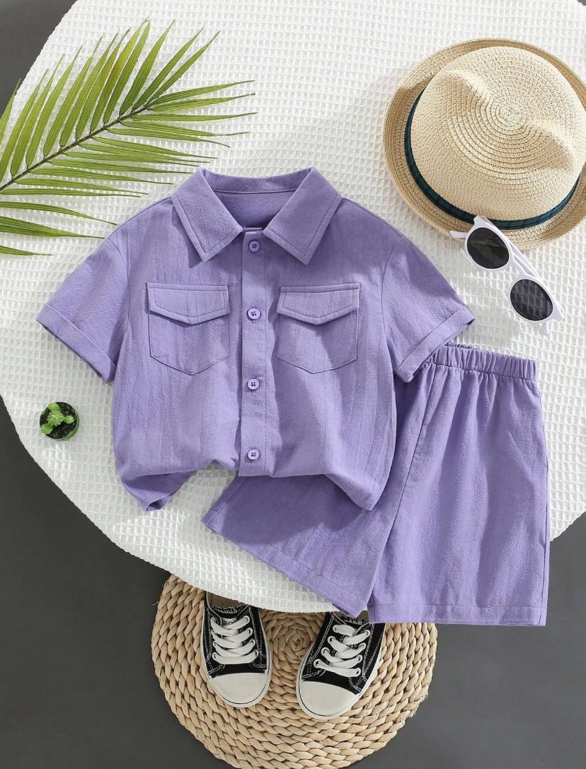 Solid Color Short Sleeved Turn Down Collar Shirt & Elastic Waistband Shorts Set