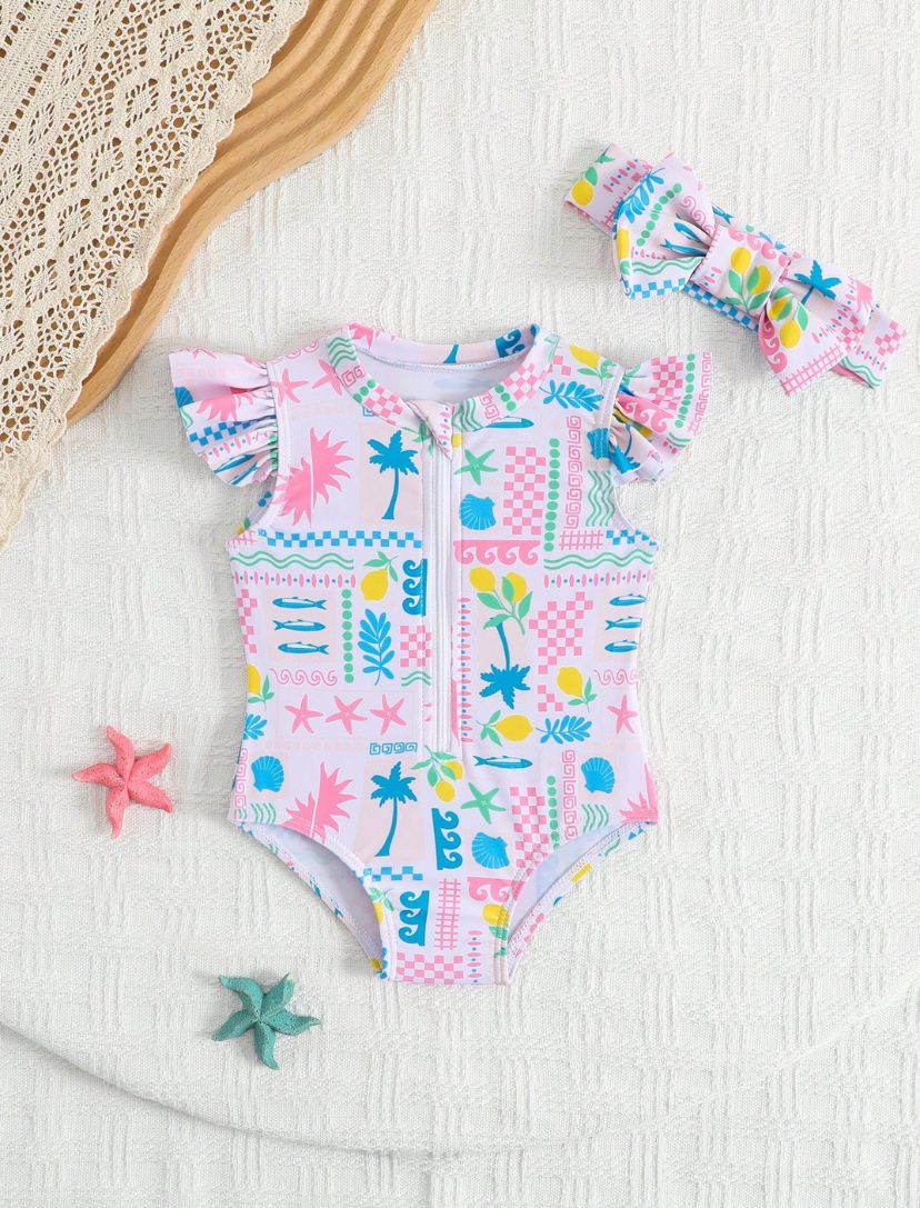 Summer Ruffle Sleeve One Piece Swimsuit With Headband