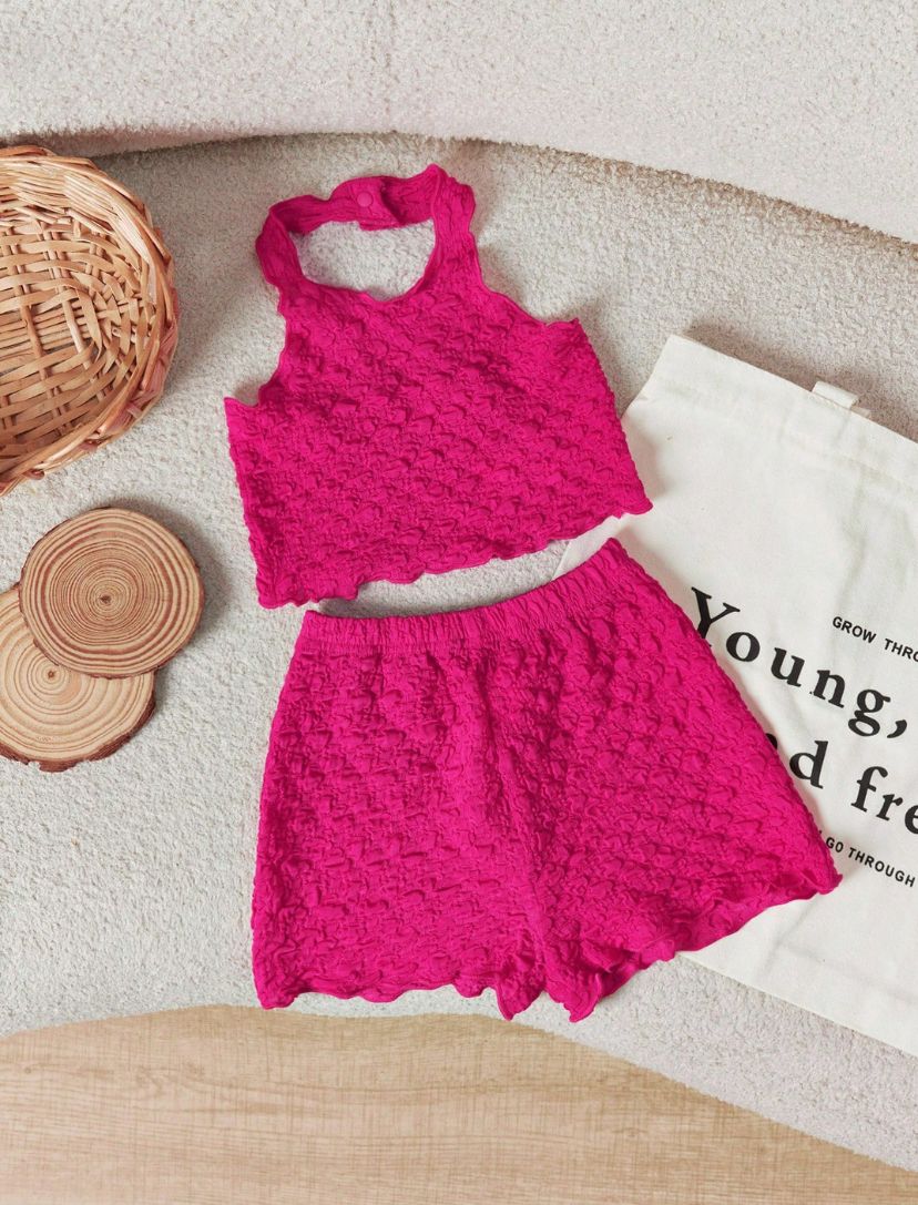 Baby Girls Casual Solid Color Textured Elastic Halter Top And Elastic Waist Shorts Set