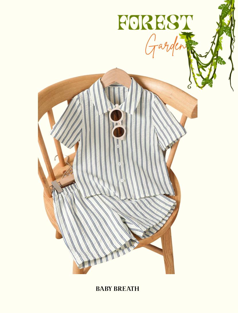 Young Boys BLUE Casual Striped Front Button Short Sleeve Top & Shorts Set