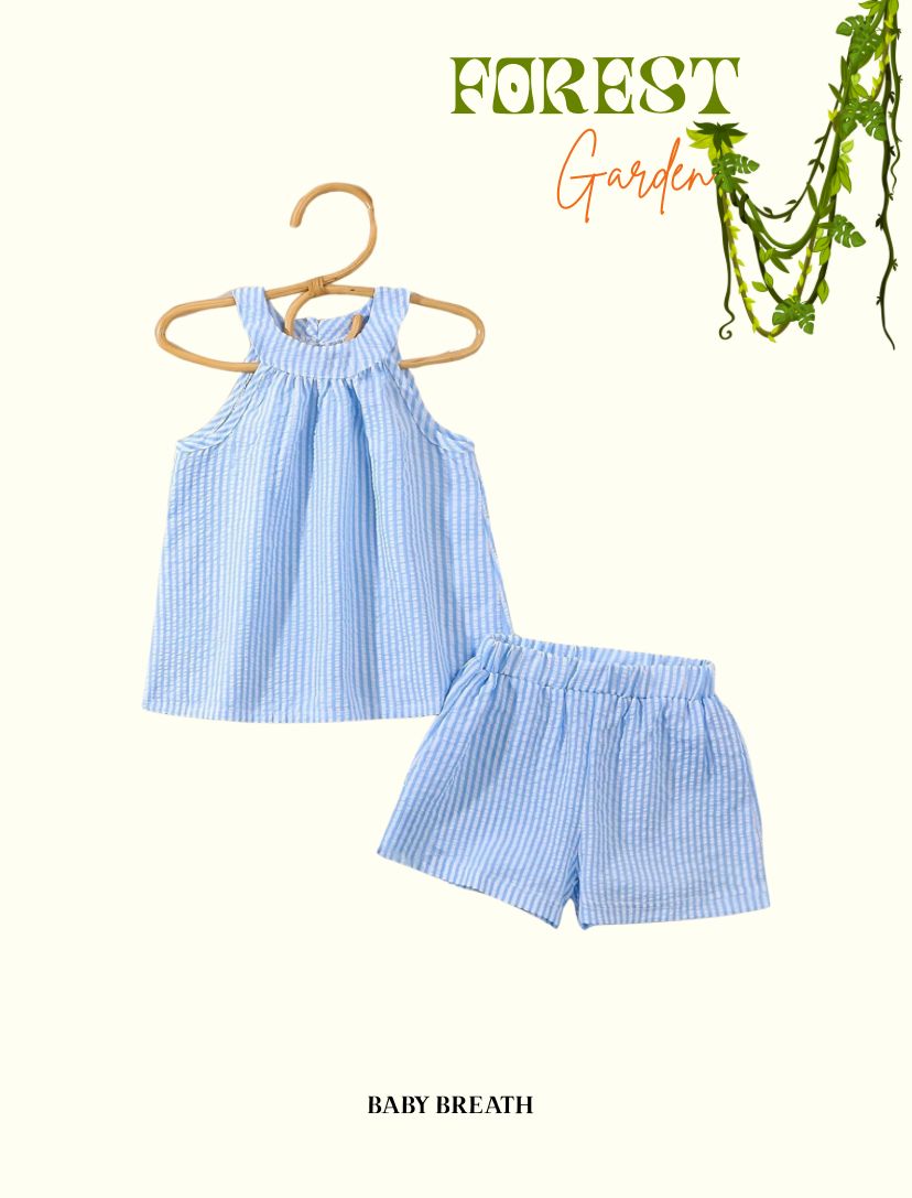 Young Girls Blue & White Striped Bubble Dress Top & Shorts Set