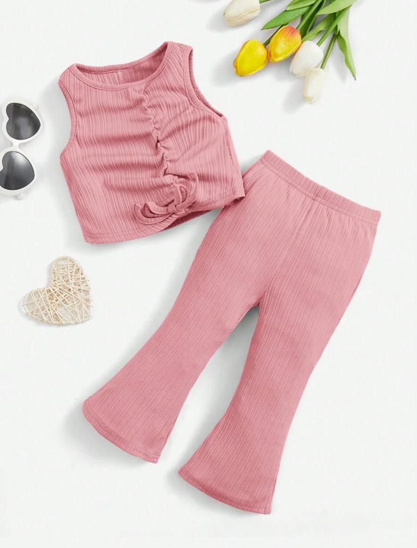 Baby Girls Pink Color Sleeveless Top & Flare Leg Pants Set
