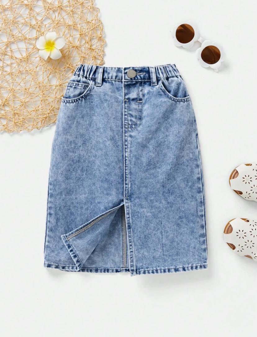 Young Girls Simple Versatile Front Slit Faded Wash Denim Skirt