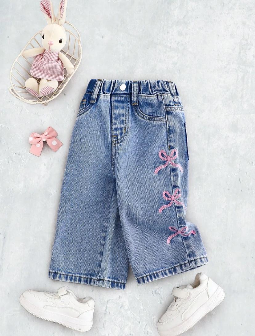Baby Girls Pink Butterfly Bowknot Embroidery Loose Wide Leg Blue Jeans