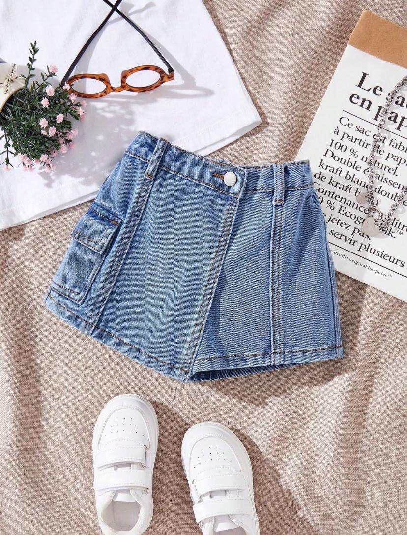 Baby Girls Asymmetric Hem Cargo Pocket Denim Skirt Pants | 6M - 3Y