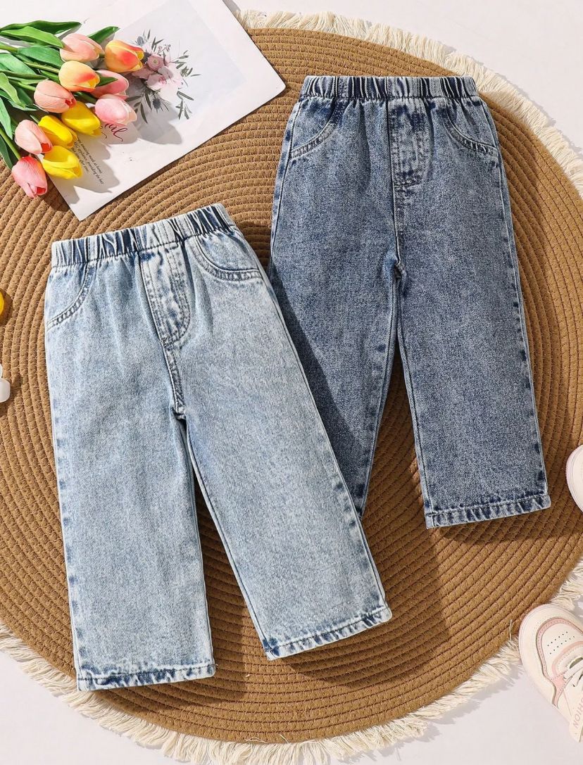 Baby Girls/ Boys Medium Wash Elastic Waist Straight Loose Fit Jeans | 6M - 3Y
