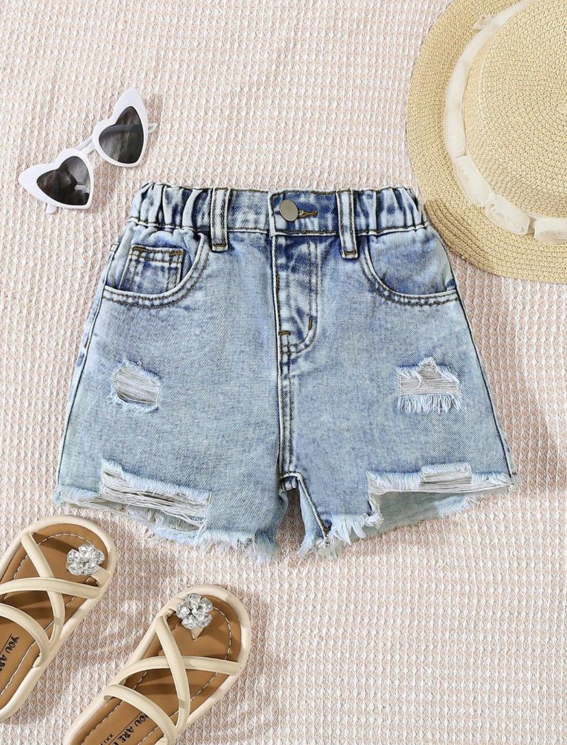 Baby Girls Distressed Raw Hem Elastic Waist Simple Washed Denim Shorts | 6M - 3Y