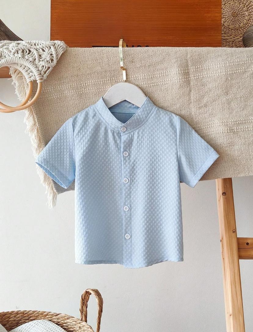 Young Boys Casual Solid Color Stand Neck Short Sleeve Korean Woven Shirt | 4Y - 7Y