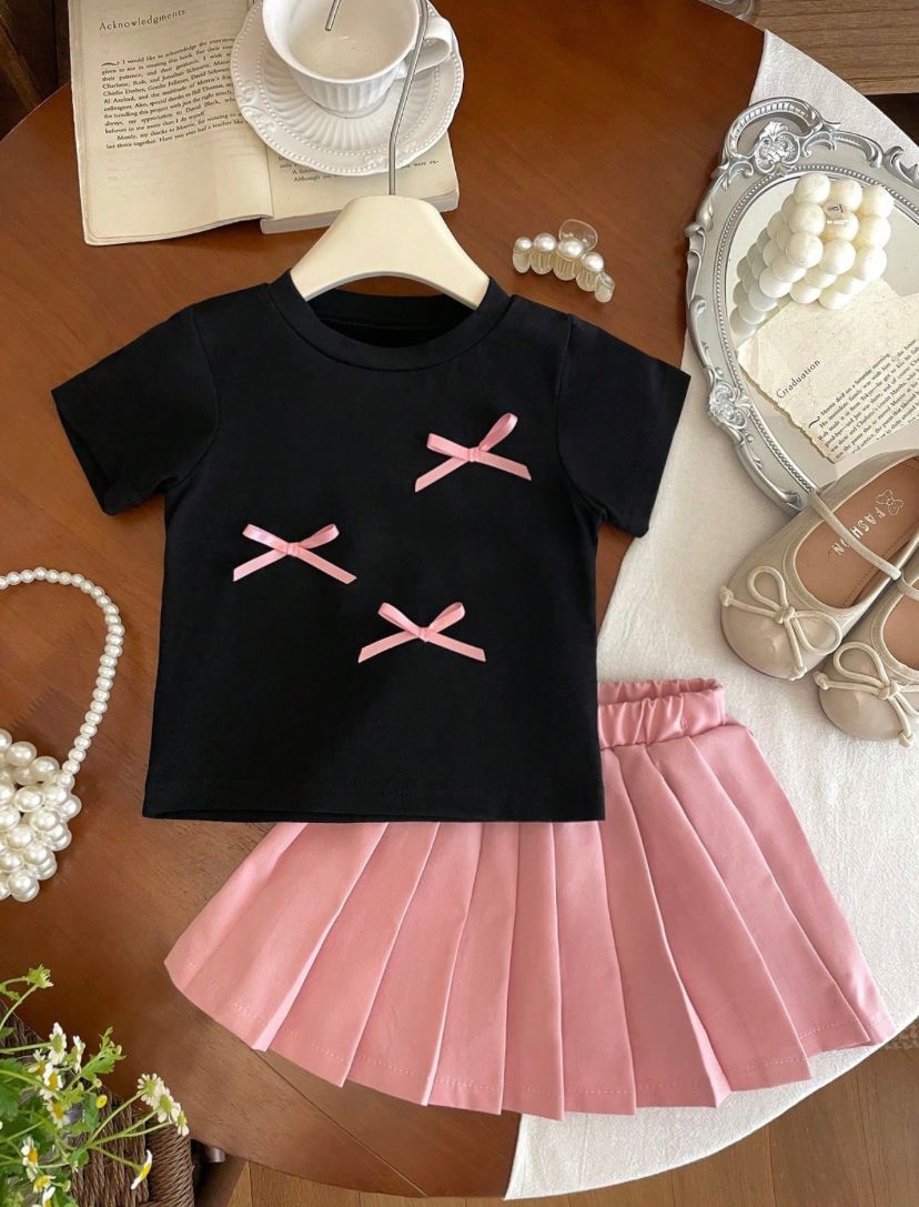 Baby Girls Ribbon Bow Top & Solid Color Skirt Set | 6M - 3Y