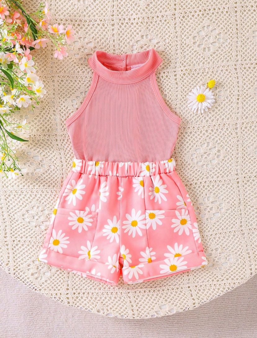 Baby Girls Ribbed Knit Sleeveless Top & Daisy Flower Pattern Shorts Set | 6M - 3Y